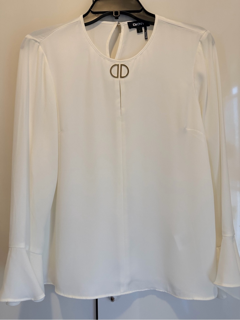 DKNY Ivory Long-Sleeve Blouse with Gold Ring Detail
